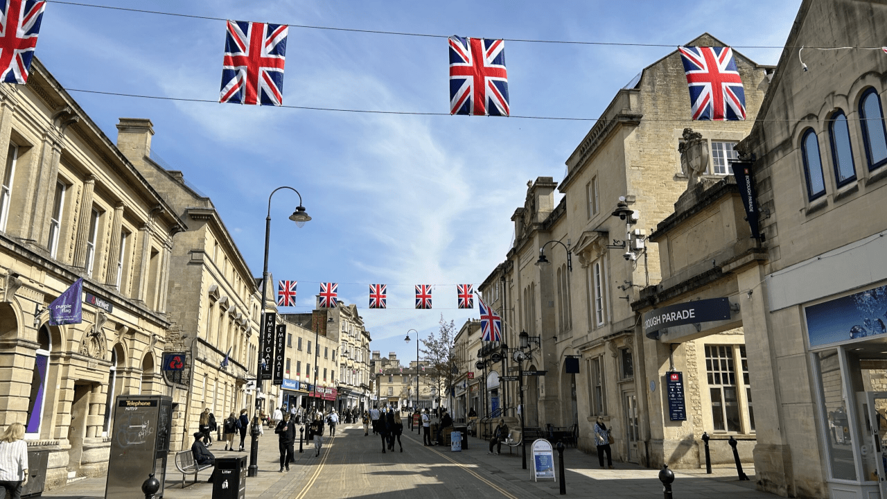 Chippenham High Street decorated with British flags