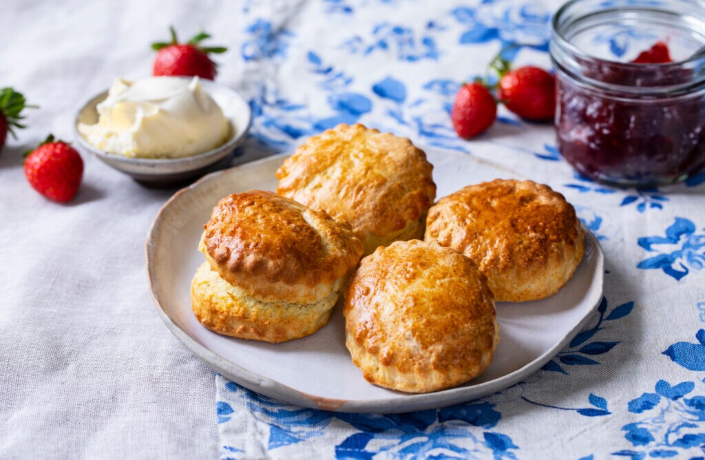 English cream tea with scones and jam and clotted cream