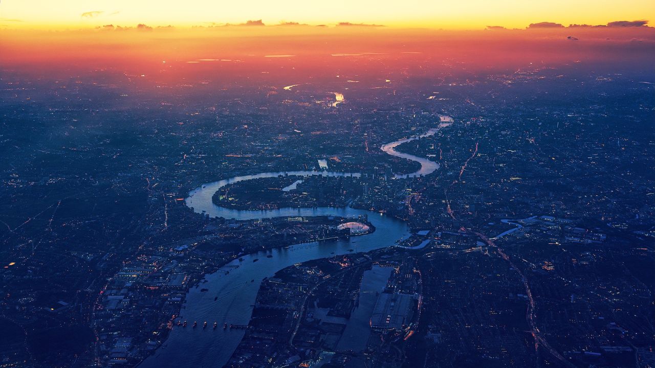 London and the River Thames at sunset from above