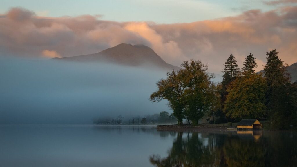 Atmospheric Scottish landscape: Ben Lomond behind Loch Ard