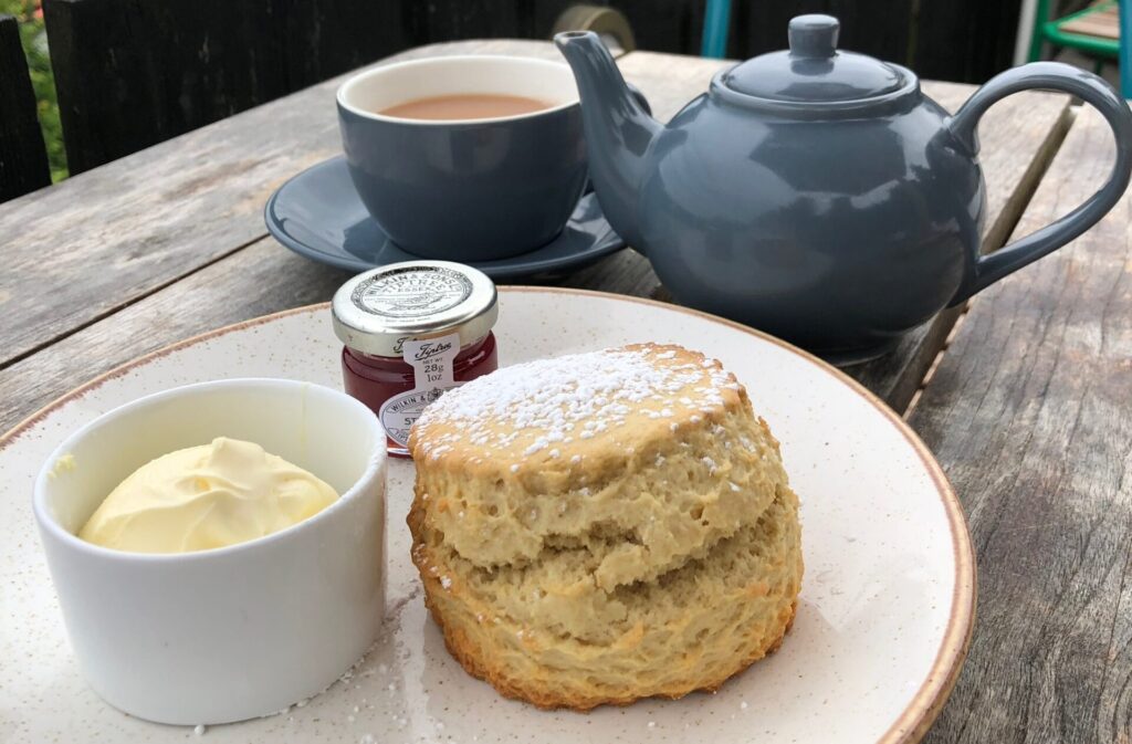 Classic English Cream Tea with a scone, jam, clotted cream and a pot of tea