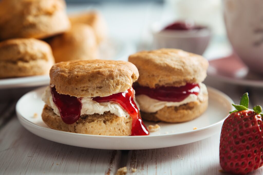 Devon cream tea, scone and jam with clotted cream