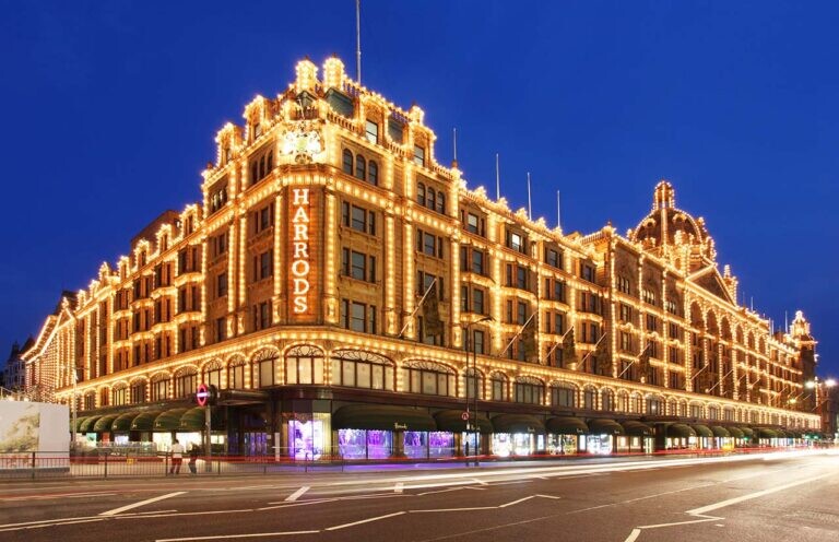 LONDON - MAY 27: Harrods department store in London, England on May 27, 2013. Harrods is the biggest department store in Europe and has over one million square feet of retail space.